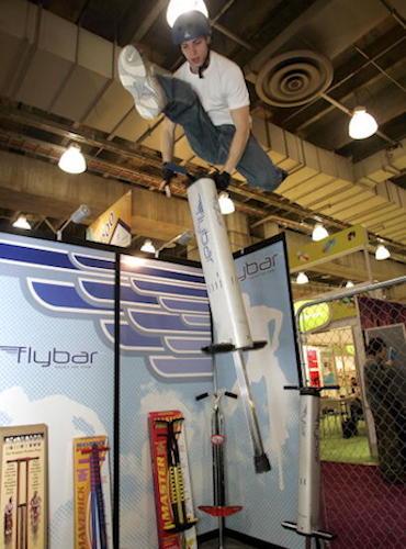 A demonstration of the "Flybar" pogo stick, one of the first of its kind designed specifically for stunts, at a 2005 Toy Fair in New York. (TIMOTHY A. CLARY/AFP/Getty Images)