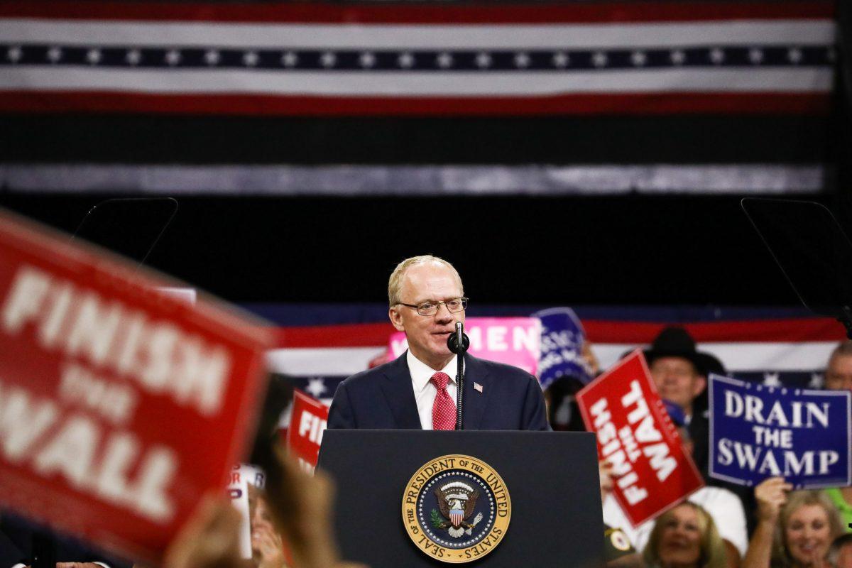 GOP House candidate Don Rose leads the prayer at a Make America Great Again rally in Johnson City, Tenn., on Oct. 1, 2018. (Charlotte Cuthbertson/The Epoch Times)