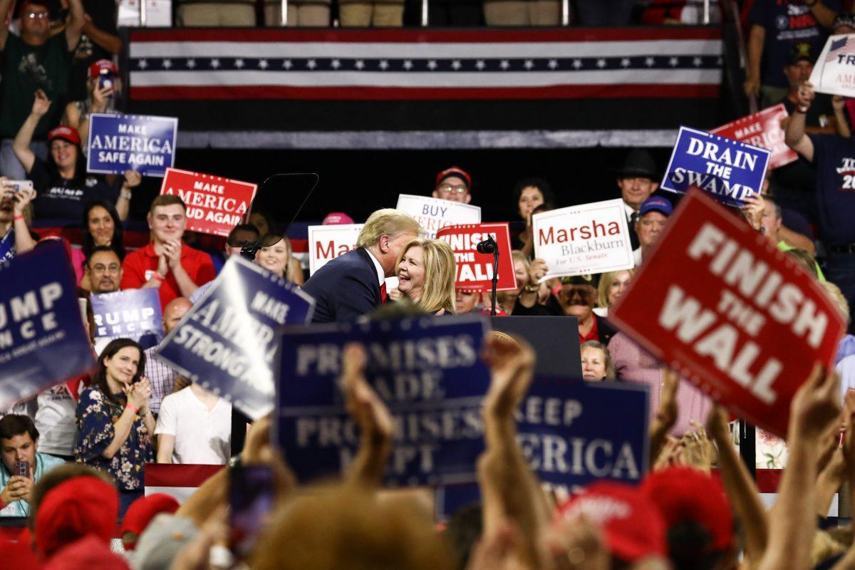 President Donald Trump and GOP Senate candidate Rep. Marsha Blackburn at a Make America Great Again rally in Johnson City, Tenn., on Oct. 1, 2018. (Charlotte Cuthbertson/The Epoch Times)