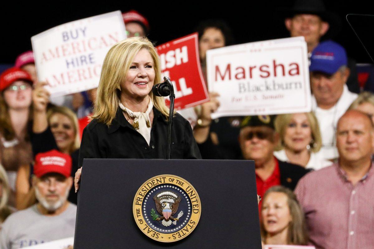 GOP Senate candidate Rep. Marsha Blackburn at a Make America Great Again rally in Johnson City, Tenn., on Oct. 1, 2018. (Charlotte Cuthbertson/The Epoch Times)