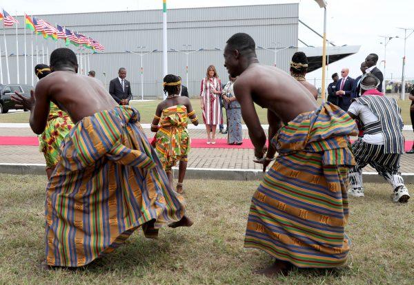 Dancers greet U.S. first lady Melania Trump on arrival in Accra, Ghana, as she begins her tour of several African countries, on Oct. 2, 2018. (Carlo Allegri/Reuters)