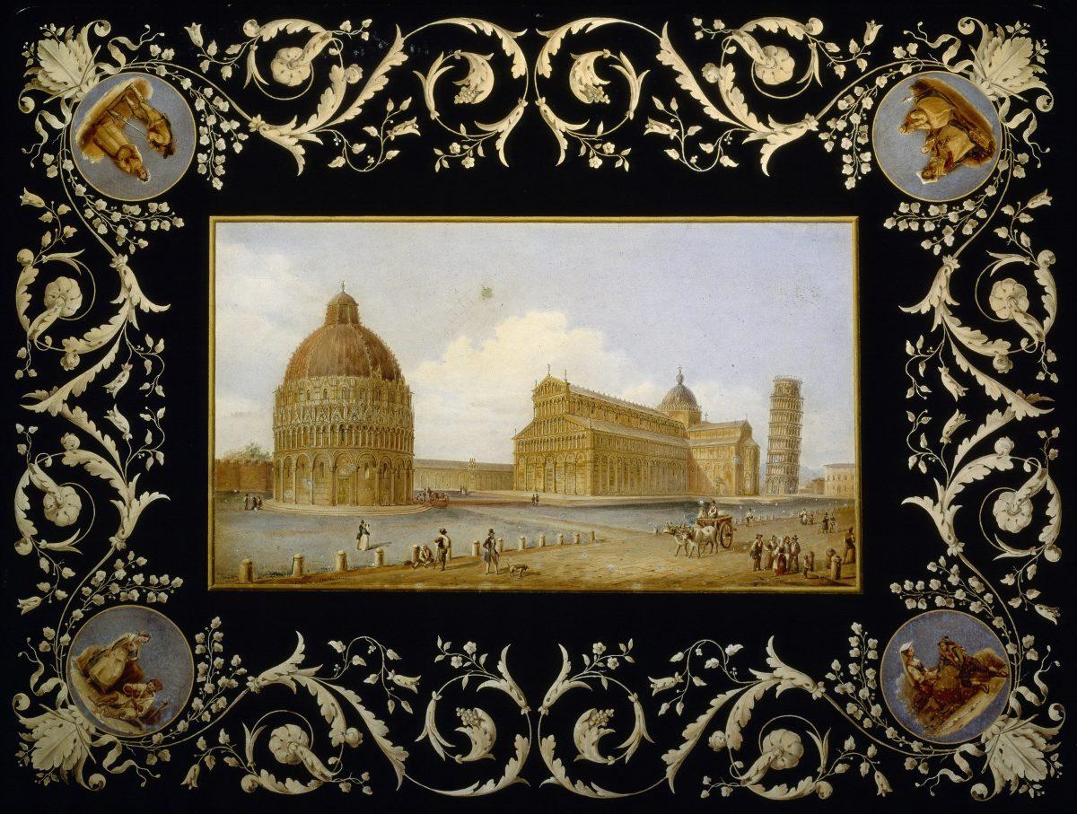 A scagliola picture of Pisa, each corner depicts the craftspeople of Pisa. (Bianco Bianchi)