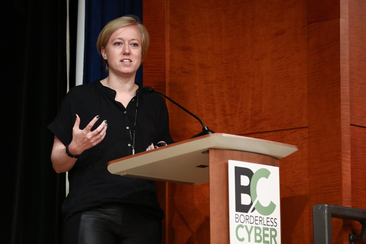 Melanie Ensign, security and privacy communications lead at Uber, speaks at the 2018 Borderless Cyber conference in Washington on Oct. 3, 2018. (Samira Bouaou/The Epoch Times)