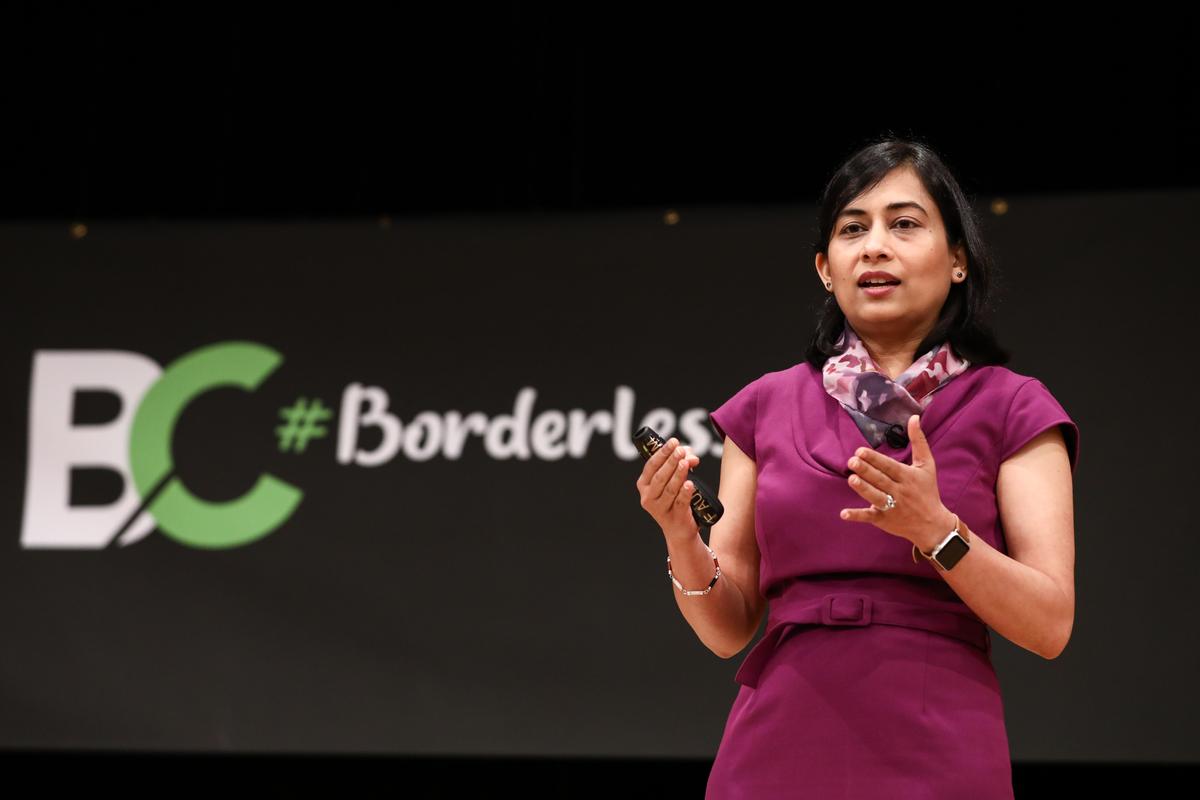 Aanchal Gupta, the director of security at Facebook, speaks at the 2018 Borderless Cyber conference in Washington on Oct. 4, 2018. (Samira Bouaou/The Epoch Times)