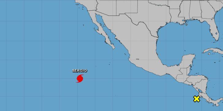 In the East Pacific Ocean, Hurricane Sergio is continually churning to the northwest away from land. The storm is a Category 4 hurricane with 140 mph winds. (NHC)