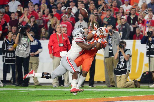 C.J. Fuller #27 of the Clemson Tigers hauls in a touchdown pass over C.J. Saunders #17 of the Ohio State Buckeyes during the second quarter of the 2016 PlayStation Fiesta Bowl at the University of Phoenix Stadium in Glendale, Arizona, on Dec. 31, 2016. (Jennifer Stewart/Getty Images)