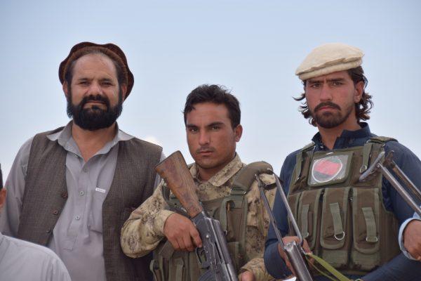 Members of an armed pro-government uprising group in an outpost just outside of Kaga, the center of the district of Khogyani in the eastern Afghan province of Nangarhar, on Oct. 2, 2018. The group’s commander, Malek Gul Shirin, is on the left. (Franz J. Marty/Special to The Epoch Times)
