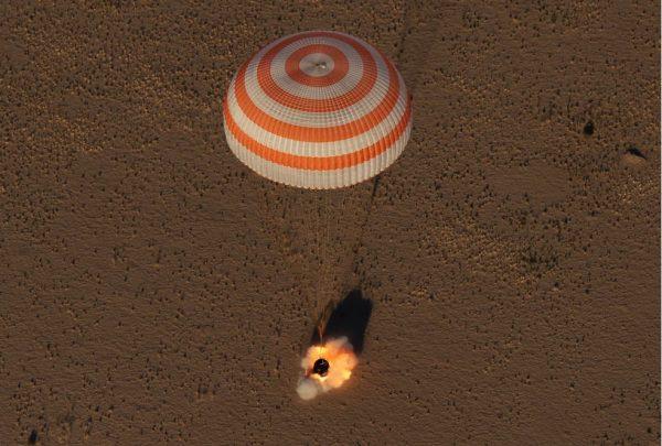 The Soyuz MS-08 spacecraft is seen as it lands with near the town of Zhezkazgan, Kazakhstan, on Oct. 4, 2018. (Bill Ingalls/NASA)