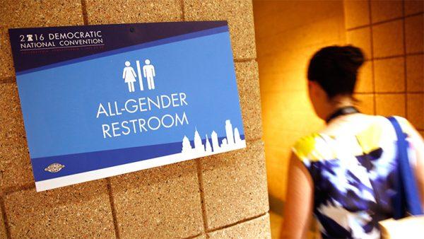Non-gender-specific restrooms create specific problems in elementary schools. An all-gender restroom sign is posted at the Democratic National Convention in Philadelphia, Pennsylvania, July 25, 2016. (Win McNamee/Getty Images)