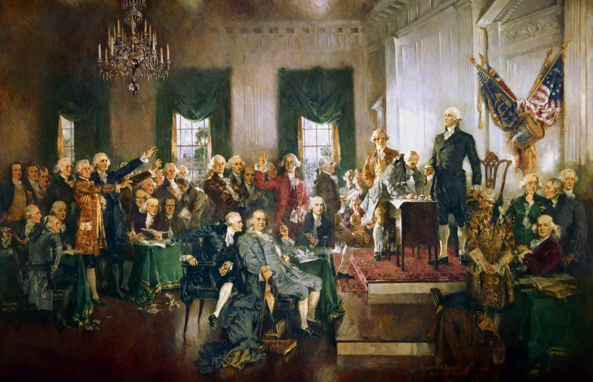 Scene at the signing of the U.S. Constitution by Howard Chandler Christy. (Howard Chandler Christy [Public domain], via Wikimedia Commons)