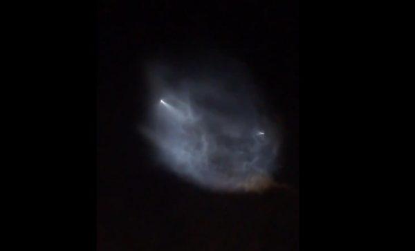 The glowing cloud from the Falcon 9 rocket is caught on video in the sky over California on Oct. 7, 2018.