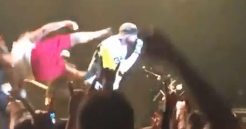 Insane Clown Posse member Shaggy 2 Dope was filmed trying to kick Limp Bizkit singer Fred Durst off a stage over the weekend. (sgthamsandwich via Storyful)