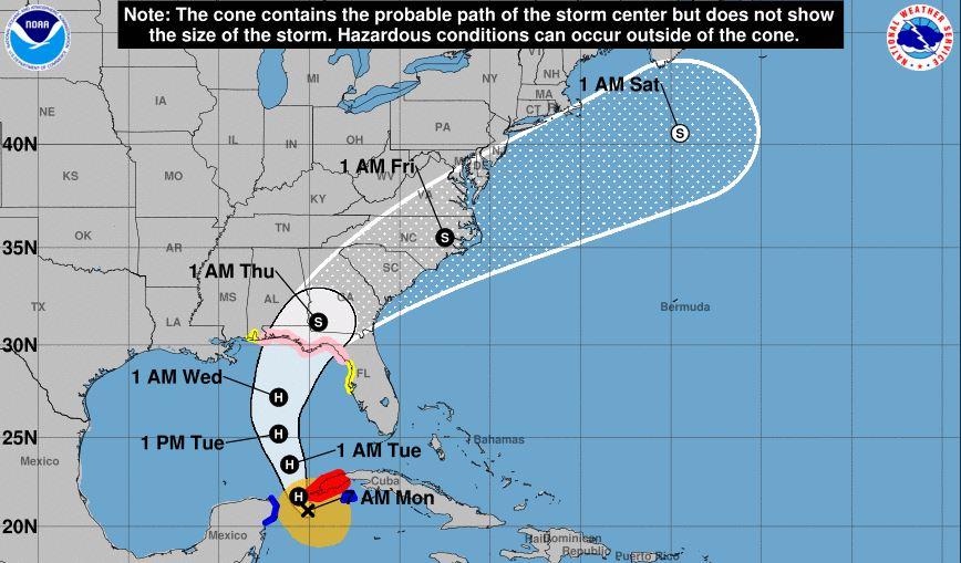 The forecasted path of Tropical Storm Michael, which is expected to become a hurricane, as of Oct. 8, 2018. (National Hurricane Center)