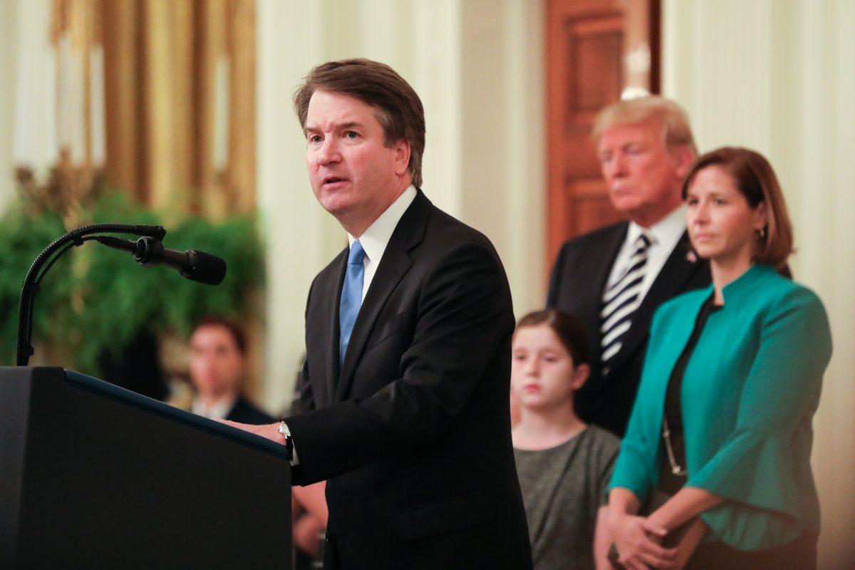 Brett Kavanaugh speaks after being sworn in as an associate justice of the Supreme Court at the White House in Washington on Oct. 8, 2018. (Holly Kellum/The Epoch Times)