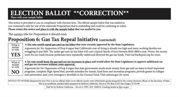 A title "correction notice" from California's tax repeal campaign has recently been sent to around 2 million Californians. (Provided by Yes on 6)