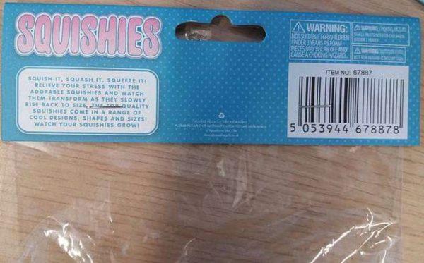 The label on the Slow Rising Scented Squishy toy reads “The top quality squishies come in a range of sizes” and encourages users to “relieve your stress with the adorable squishies and watch them transform as they slowly rise back to size.” The EC has ruled the toy is dangerous. (Screengrab via European Commission)