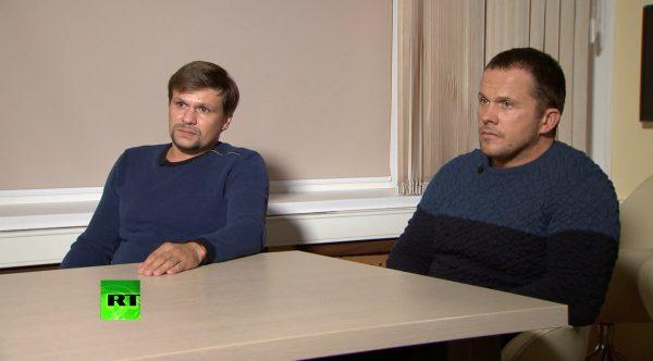 "Alexander Petrov" and "Ruslan Boshirov" during an interview at an unidentified location in Russia on Sept. 13, 2018. (RT/Handout via Reuters TV)