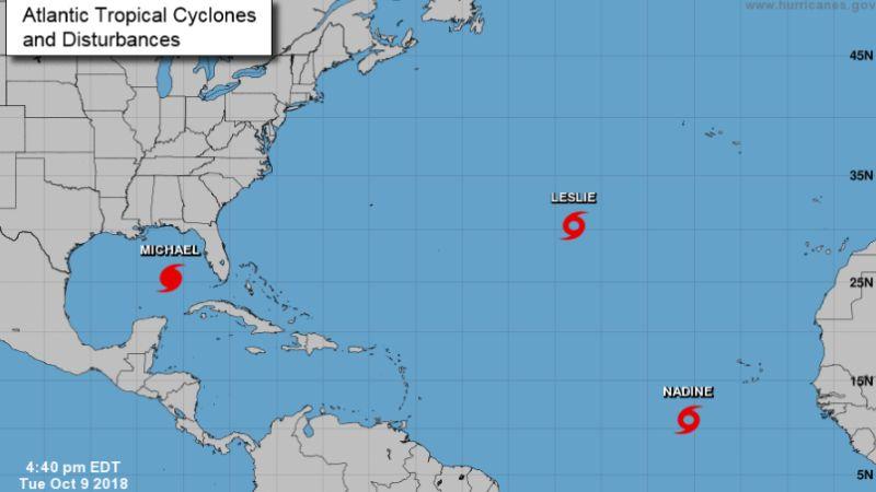 The U.S. National Hurricane Center (NHC) is issuing advisories for Tropical Storm Nadine, Tropical Storm Leslie, and Hurricane Sergio. Hurricane Michael, meanwhile, is continuing to strengthen. (NHC)