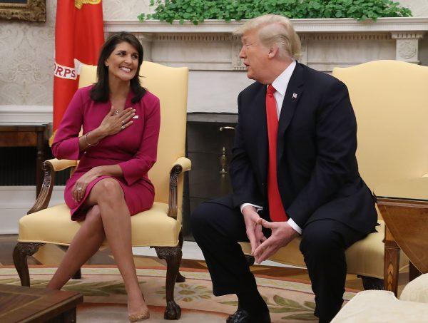 President Donald Trump announces that he has accepted the resignation of Nikki Haley as U.S. Ambassador to the United Nations in the Oval Office on Oct. 9, 2018. (Mark Wilson/Getty Images)