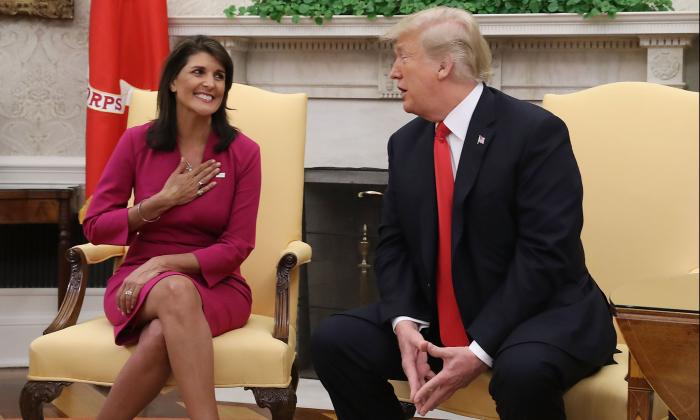 U.S. President Donald Trump announces that he has accepted the resignation of Nikki Haley as U.S. Ambassador to the United Nations, at the White House on Oct. 9, 2018. (Mark Wilson/Getty Images)