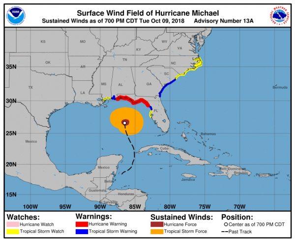 Surface wind field of Hurricane Michael at 7pm, Oct. 9, 2018. (NOAA)
