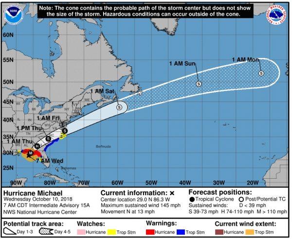 This graphic shows an approximate representation of coastal areas under a hurricane warning (red), hurricane watch (pink), tropical storm warning (blue) and tropical storm watch (yellow). (NOAA)