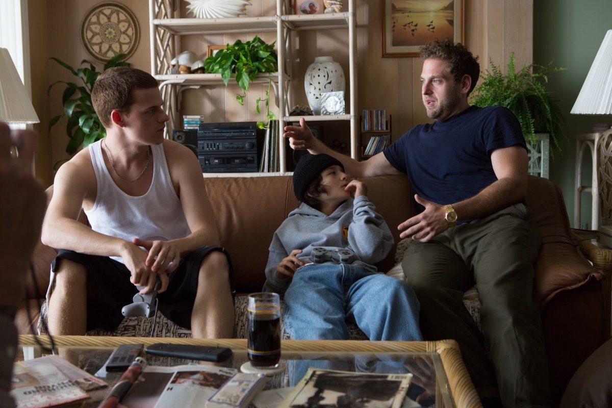 (L–R) Actors Lucas Hedges and Sunny Suljic, and director Jonah Hill in “Mid90s.” (Tobin Yelland/A24)
