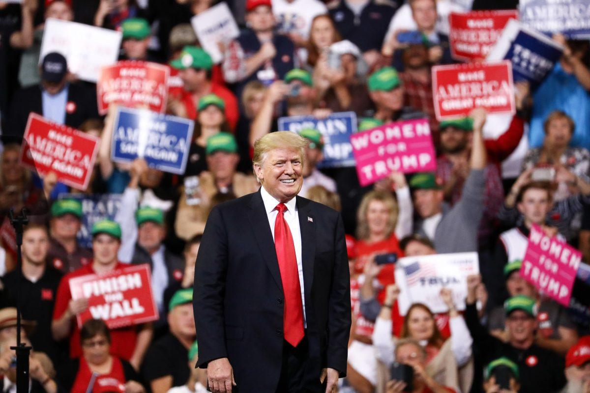 President Donald Trump at a Make America Great Again rally in Council Bluffs, Iowa, on Oct. 9, 2018. (Charlotte Cuthbertson/The Epoch Times)