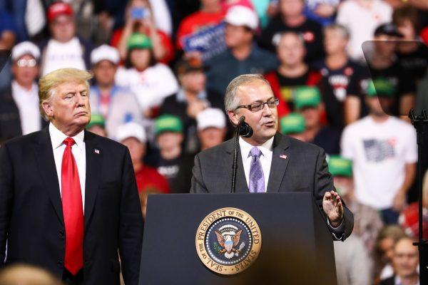 President Donald Trump and Rep. David Young (R-Iowa) at a Make America Great Again rally in Council Bluffs, Iowa, on Oct. 9, 2018. (Charlotte Cuthbertson/The Epoch Times)