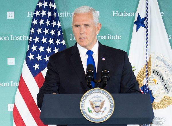 Vice President Mike Pence addresses the Hudson Institute on the Trump administration’s policy toward China in Washington on Oct. 4, 2018. (JIM WATSON/AFP/Getty Images)
