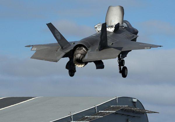 A new F-35B Lightning fighter jet takes off from the deck of the United Kingdom's new aircraft carrier, The HMS Queen Elizabeth on Sept. 27, 2018. (Mark Wilson/Getty Images)