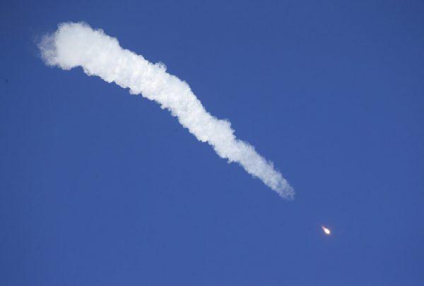 The Soyuz-FG rocket booster with Soyuz MS-10 space ship carrying a new crew to the International Space Station, ISS, flies in the sky at the Russian leased Baikonur cosmodrome, Kazakhstan, on Oct. 11, 2018.  (AP Photo/Dmitri Lovetsky)