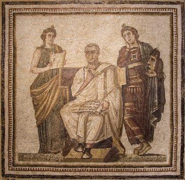 The great Latin poet Virgil, holding the “Aenid” and flanked by the two muses Clio (history) and Melpomene (tragedy). The third century A.D. mosaic was discovered in Sousse, Tunisia. Bardo Museum in Tunis, Tunisia. (Public Domain)