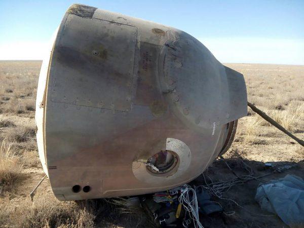 A view shows the Soyuz capsule transporting U.S. astronaut Nick Hague and Russian cosmonaut Alexei Ovchinin, after it made an emergency landing following a failure of its booster rockets, near the city of Zhezkazgan in central Kazakhstan, on Oct. 11, 2018. (Federal Air Transport Agency "Rosaviation"/Handout/Reuters)