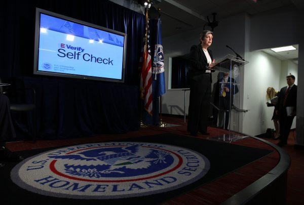 Former Secretary of Homeland Security Janet Napolitano announces the launch of E-Verify Self Check service in Washington, DC on March 21, 2011. (Alex Wong/Getty Images)