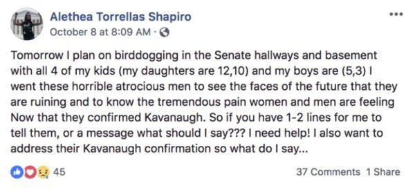 Screenshot of a Facebook post (since deleted) allegedly by Alethea Torrellas Shapiro, a protester who with her children reportedly confronted Sen. Bill Cassidy (R-LA), according to The Daily Caller. (Screengrab via The Daily Caller)