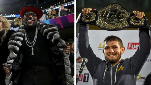 Left: Boxer Floyd “Money” Mayweather Jr. looks on during a Super Bowl game in Minneapolis, Minn., on Feb. 4, 2018. Right: UFC lightweight champion Khabib Nurmagomedov in Makhachkala, Dagestan, Russian Federation, on Oct. 8, 2018. (Patrick Smith/Getty Images; Vasily Maximov/AFP/Getty Images).