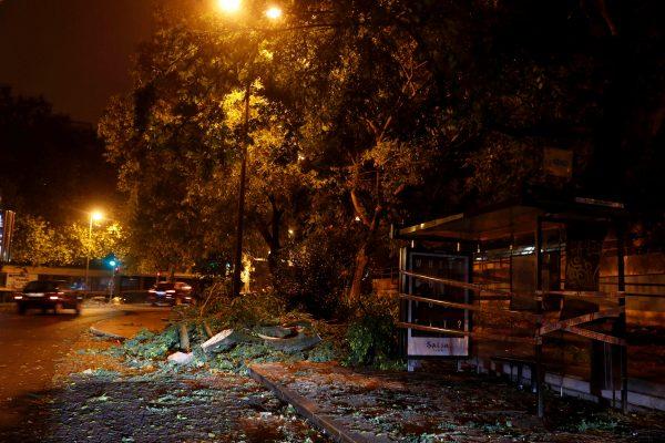 Trees are seen on a street at Benfica neigborhood as hurricane Leslie goes past in Lisbon, Portugal, on Oct.14, 2018. (Rafael Marchante/Reuters)