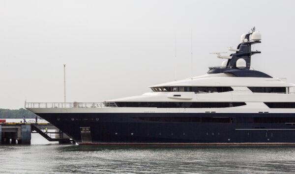 Equanimity, the $250 million luxury yacht that fugitive Malaysian businessman Low Taek Jho allegedly bought with funds embezzled from 1Malaysia Development Berhad, in Selangors, Malaysia, on Aug. 8, 2018. (Ore Huiying/Getty Images)