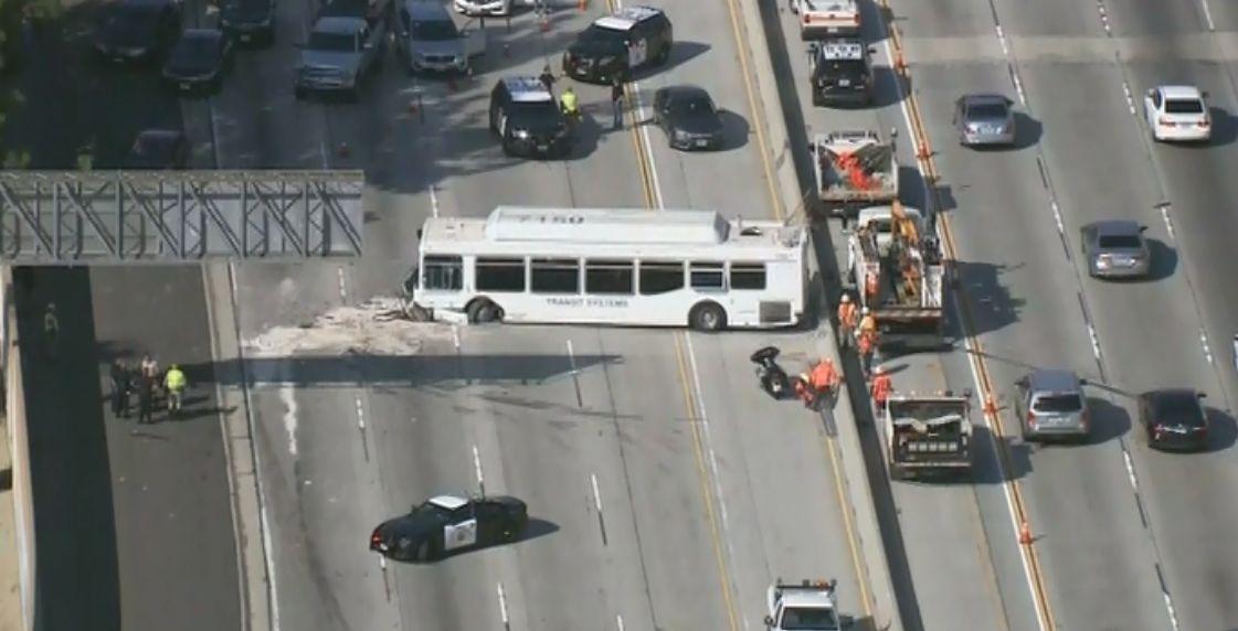 A bus crash in Los Angeles shut down several freeway lanes, snarling traffic for miles, on Oct. 14, 2018. (Fox)