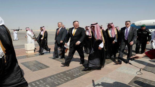 U.S. Secretary of State Mike Pompeo greets Saudi Foreign Minister Adel al-Jubeir after arriving in Riyadh, Saudi Arabia, on Oct. 16, 2018. (Leah Millis/Pool/Reuters)