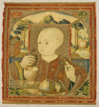 “The Christ Child Pressing the Wine of the Eucharist,” circa 1500. Linen warp; wool, silk, and gilt weft yarns. 19 7/8 inches by 18 ¼ inches. Bequest of Benjamin Altman, 1913. (The Metropolitan Museum of Art)
