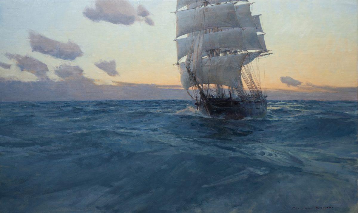 "Medium Clipper 'Black Hawk' at Dawn," 2018, by Christopher Blossom. Oil on linen, 22 inches by 36 inches. (Courtesy of Tim Newton)