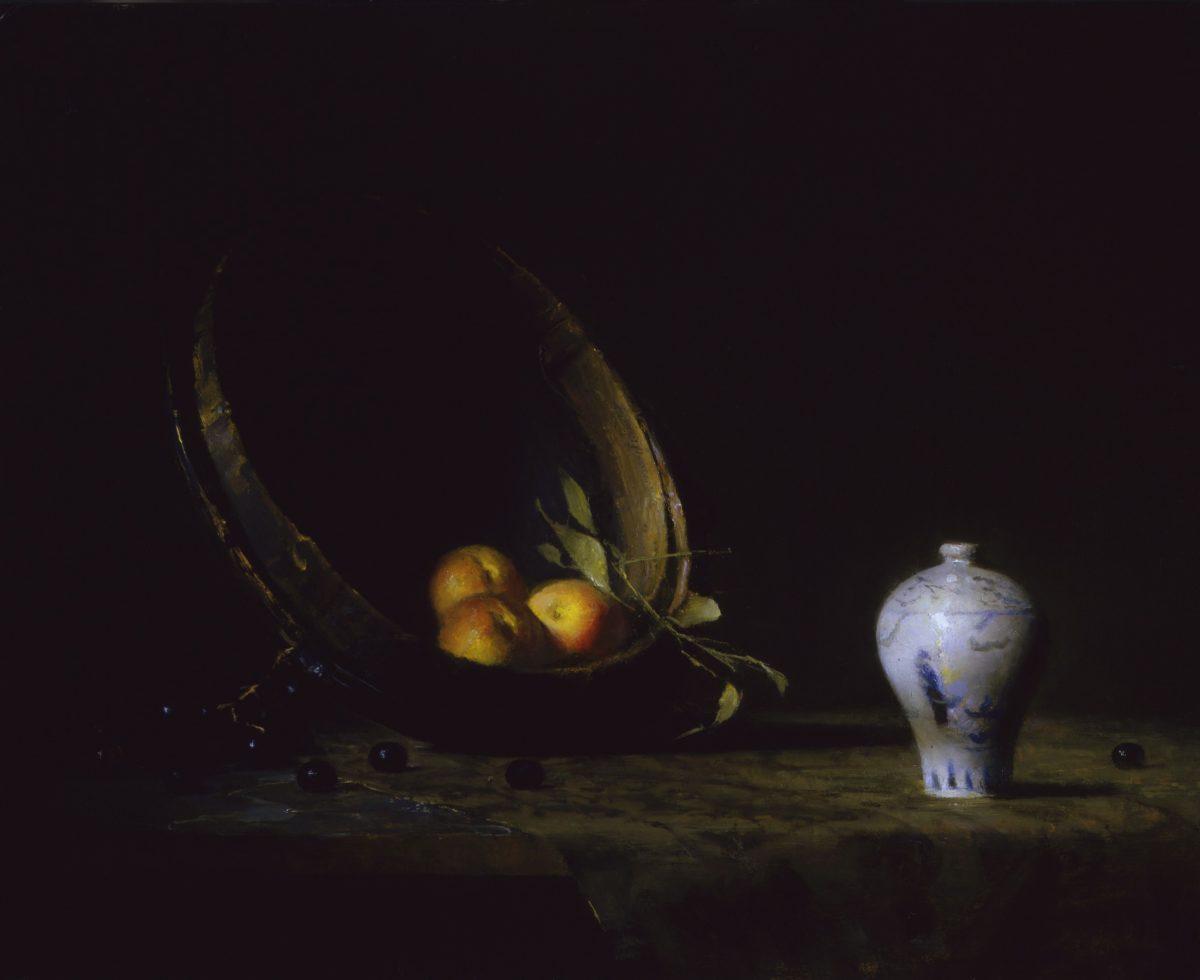 "Landscape With Peaches and White Vase," 2010, by David A. Leffel. Oil on board, 13 1/2 inches by 17 inches. (Courtesy of Tim Newton)