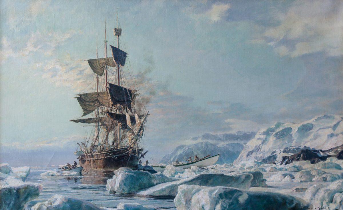 "Whaling Bark Charles W. Morgan," 1971, by John Stobart. Oil, 24 inches by 38 inches. (Courtesy of Tim Newton)