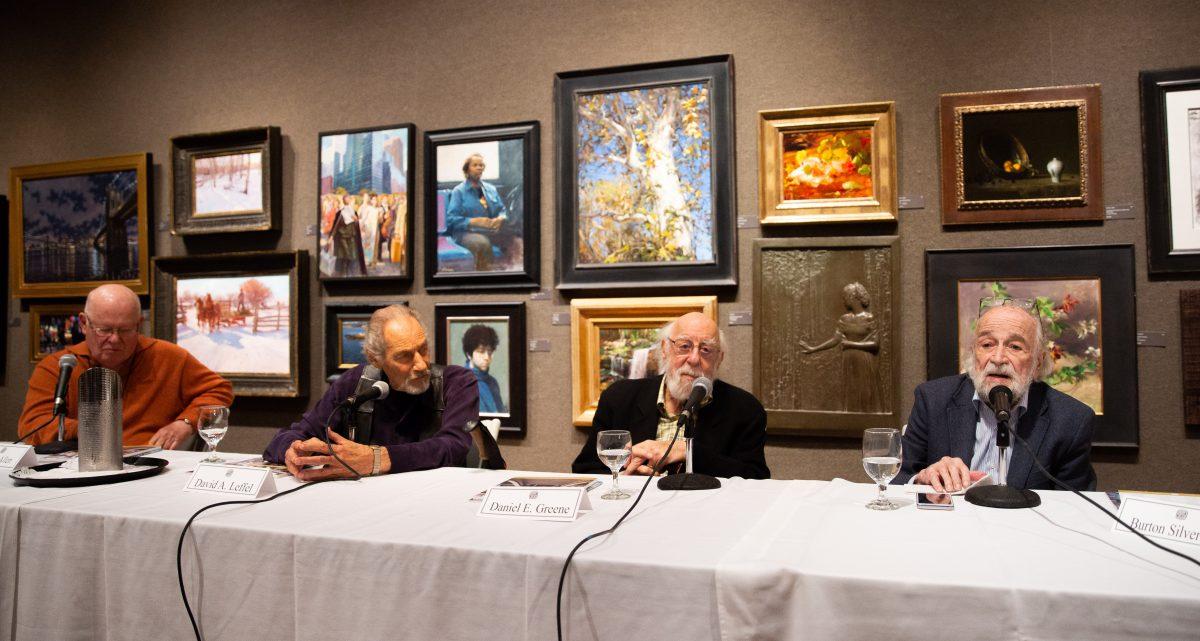 (L–R) Douglas Allen, David A. Leffel, Daniel Greene, and Burton Silverman, four of the eight Living Legend artists, commemorated for their lifetime achievements. They talked about their life's work at the Salmagundi Club, on Oct. 13, 2018. (Milene Fernandez/The Epoch Times)