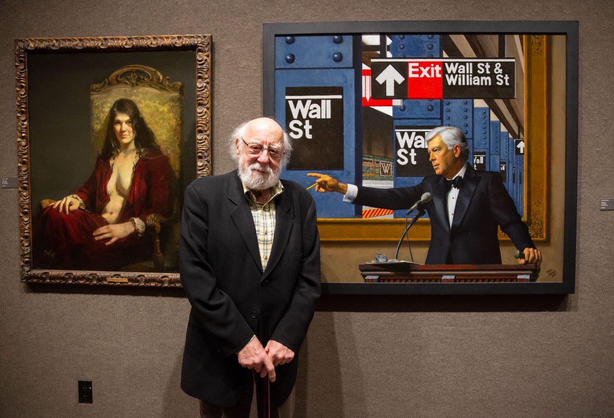Living Legend artist Daniel E. Greene poses for a photo by his painting "Lot 97, Wall St., Williams St. Exit," 2015. Oil on linen, 43 inches by 50 inches. (Milene Fernandez/The Epoch Times)
