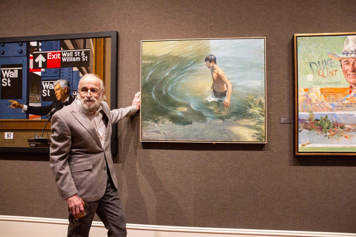 Artist Burton Silverman with his painting "Waterhole," 2018. Oil on linen, 36 inches by 42 inches, at the Salmagundi Club on Oct. 13, 2018. (Milene Fernandez/The Epoch Times)