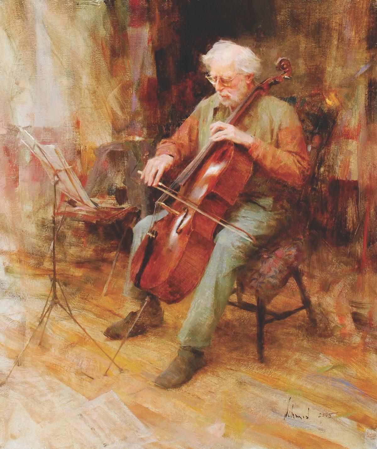 "David Wells, Cellist," 2005, by Richard Schmid. Oil on canvas, 26 inches by 22 inches. (Courtesy of Tim Newton)