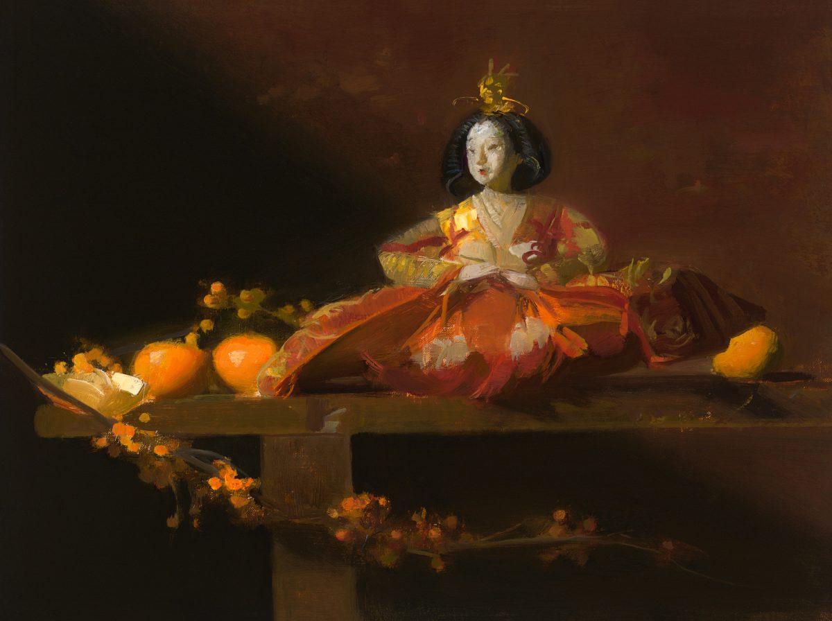 "Japanese Doll With Clementines," 2018, by Sherrie McGraw. Oil on board, 9 inches by 12 inches. (Courtesy of Tim Newton)